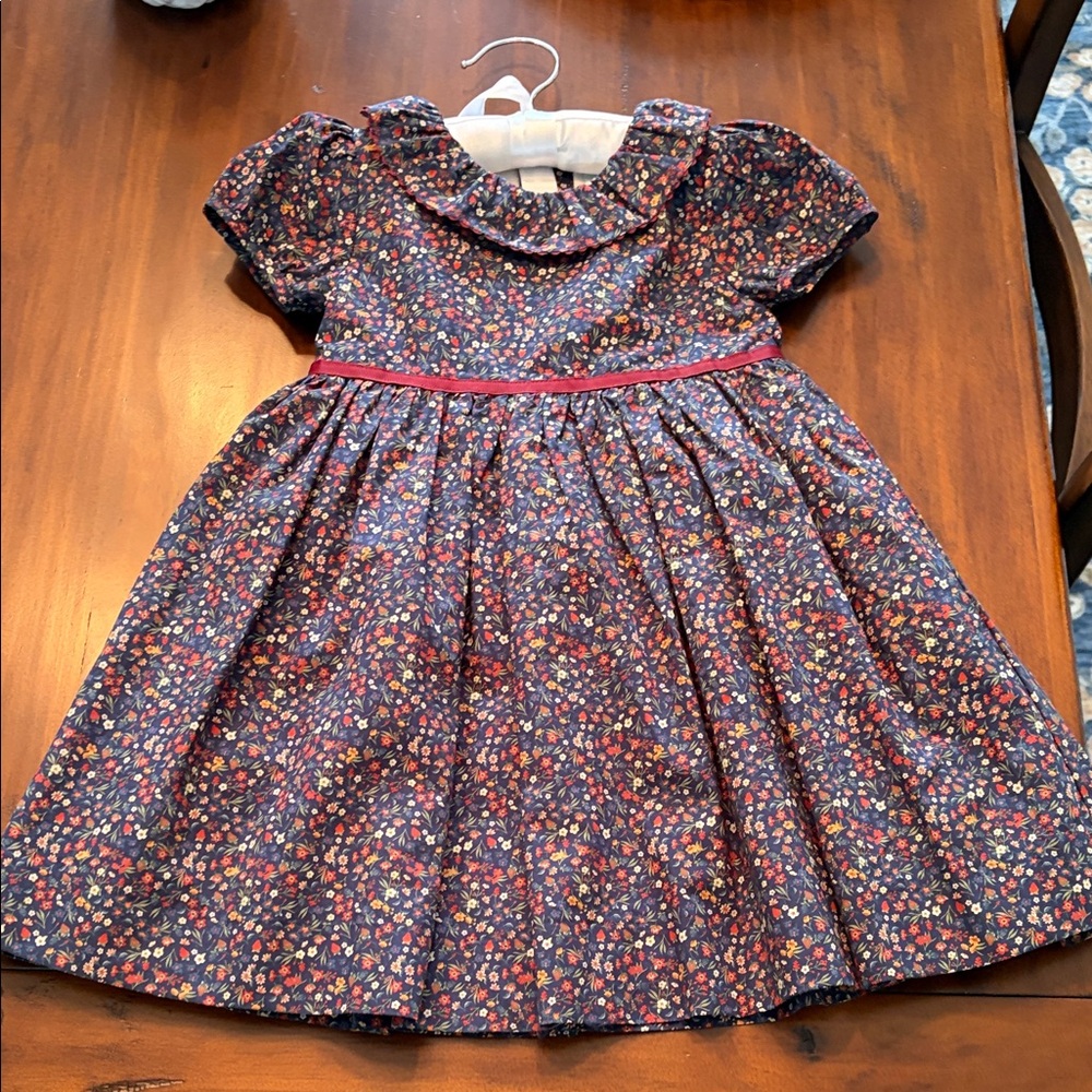 Edgehill Collection Navy Ditsy Floral Dress with Maroon Waist Trim